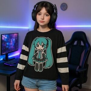 Hatsune Miku Crypton Black Sweater Striped Sleeves Chibi Animecore Y2K L Gamer